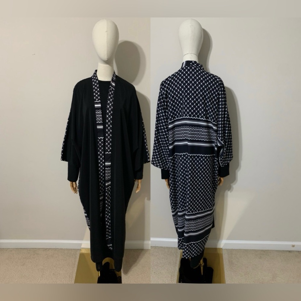 Black and White Inverted or Reverse Keffiyeh Patterned Kimono / Cardigan Abaya